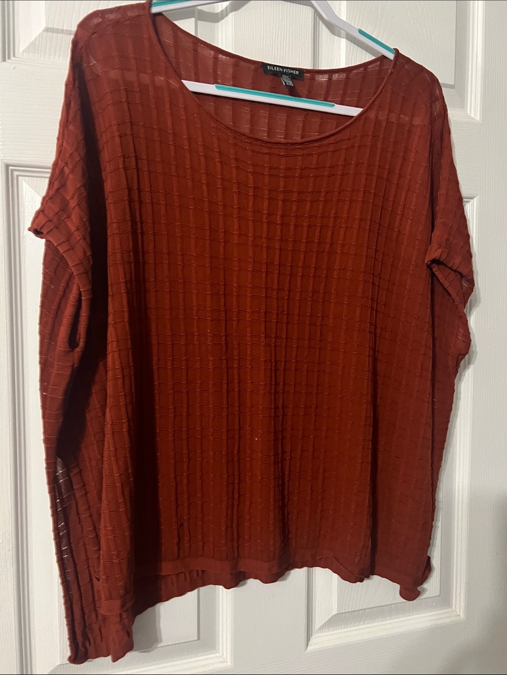 Eileen Fisher Rust Brick Grid-Texture Long Sleeve Top